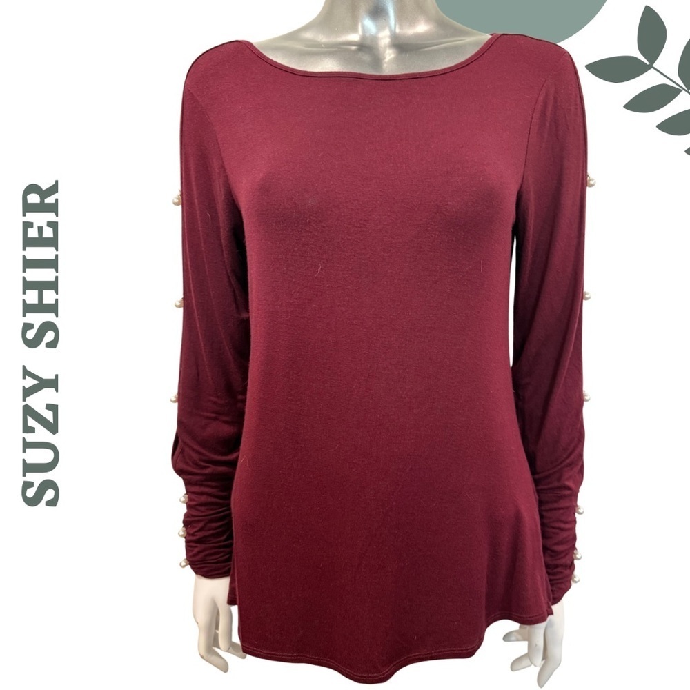 🛍️3/$40 Suzy Shier Burgundy Pearl Sleeve Long Sleeve Top Peek a Boo – Size Small